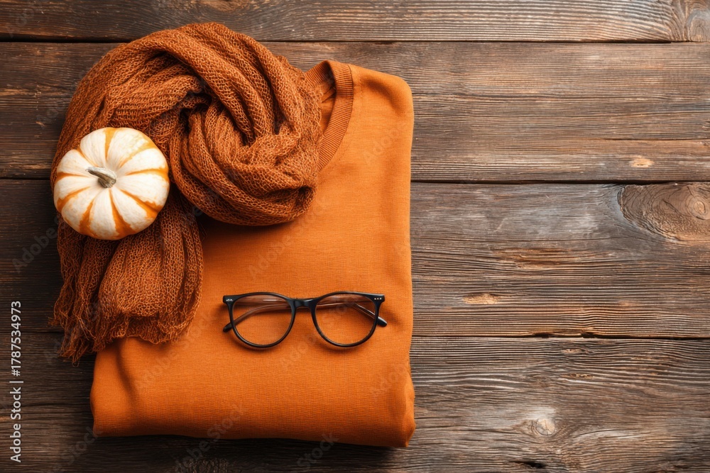 Fototapeta premium A cozy orange sweater and brown scarf are neatly placed on a wooden surface, with stylish black glasses resting on top. Autumn concept