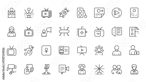 Collection of Outline Icons Related to Media, Technology, and Communication 