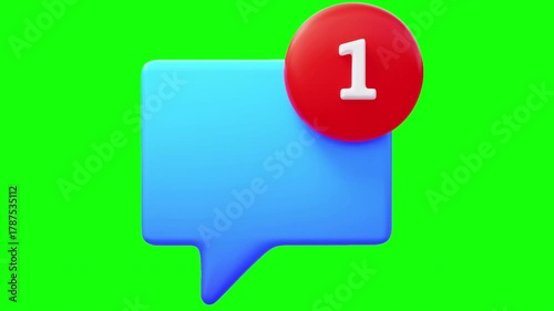 3D Message Speech Bubble with Number 1 Notification Badge on Green Screen