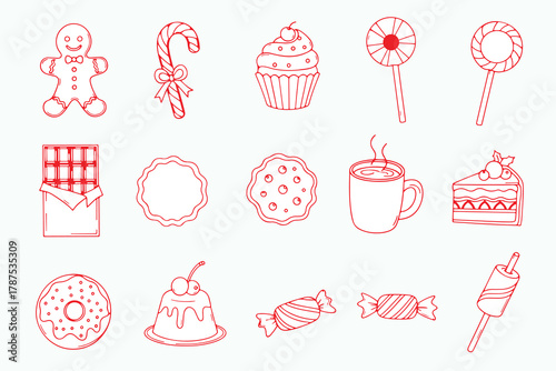 Cute pink doodle vector illustration set of sweet bakery and Christmas icons, including cake, cupcake, and candy heart designs