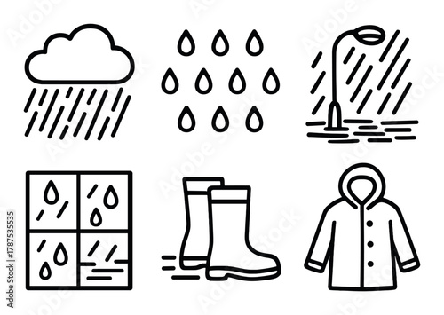 Rainy day essentials: icons of rain, boots, and coat
