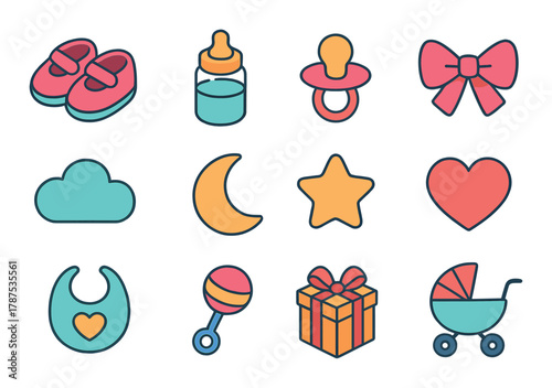 Colorful baby icons set: shoes, bottle, pacifier, bow, cloud, moon, star, heart, bib, rattle, gift, stroller