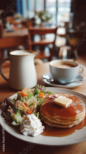 優しい光に包まれたカフェの朝食風景｜手作り、自然光、丁寧な暮らし、ぬくもりのある食卓、カフェスタイル、朝活、温かみのある空間、ブランチタイム