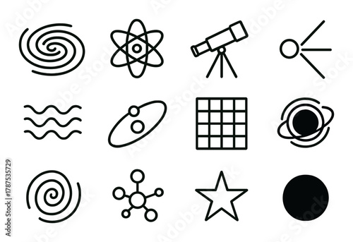 Black science icons on olive patterned background