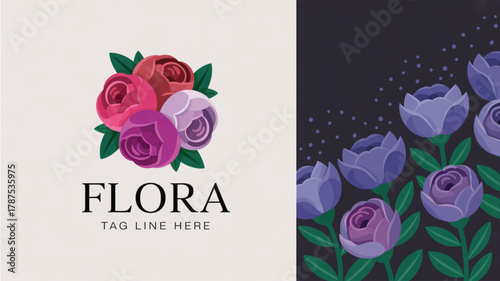 Floral logo with roses and text " FLORA" next to a dark background with purple roses