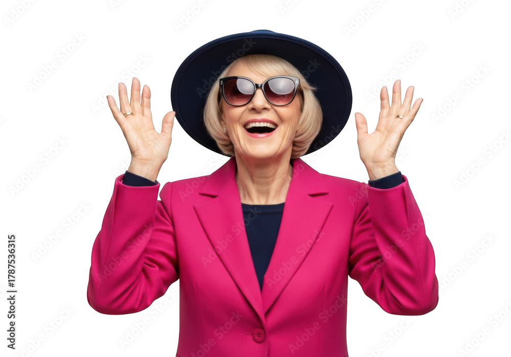 Naklejka premium Joyful elderly woman wearing a stylish hat and sunglasses with arms raised in excitement isolated on transparent background