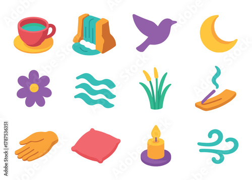 Colorful relaxation icons: cup, waterfall, bird, moon, flower, waves, reeds, incense, hand, pillow, candle, breeze