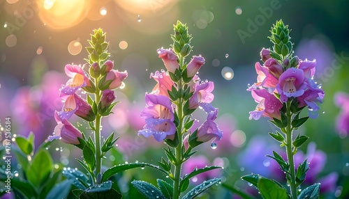 Fototapeta Naklejka Na Ścianę i Meble -  Three pink foxglove flowers stand in a field, bokeh lights surrounding, glistening with water