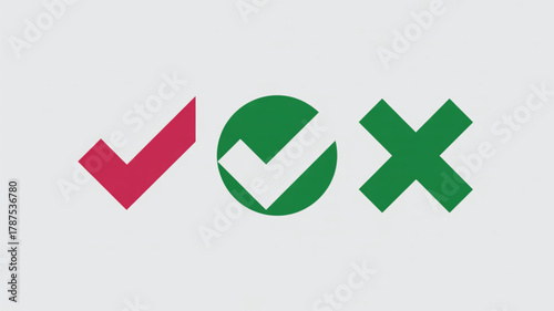 Red check mark green circle with white check mark and green cross on white background tick