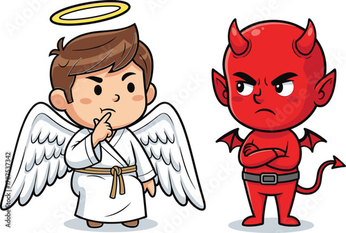 Cartoon angel and devil characters standing together, symbolizing good versus evil, morality, decision-making, and internal conflict in vector illustration