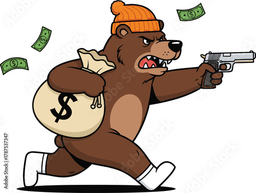 Cartoon bear running with gun and money sack, aggressive robbery character with flying cash for crime action vector illustration design