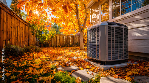 Ac unit in autumn backyard with fallen leaves