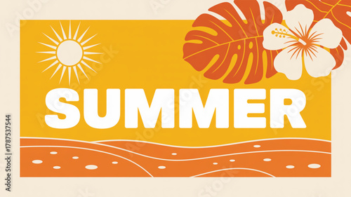 Retro summer graphic with sun hibiscus flowers and stylized waves tropical