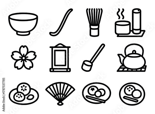 Traditional japanese tea ceremony and cultural symbols icons