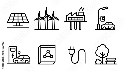 Sustainable energy icons: solar panels, wind turbines, electric vehicles, charging stations