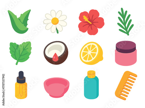 Colorful aromatherapy icons featuring natural elements and essential oil bottles