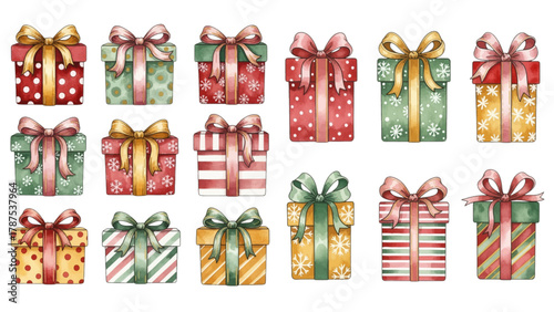 A collection of colorful watercolor Christmas gift boxes with festive ribbons and bows.