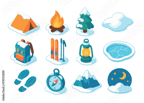 Winter camping icons collection: tent, campfire, snowy tree, backpack, skis, lantern, frozen lake