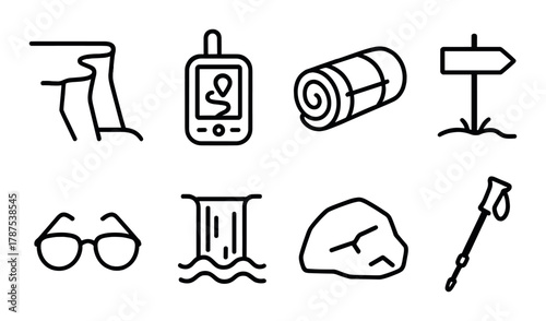 Essential icons for hiking and outdoor adventure preparation