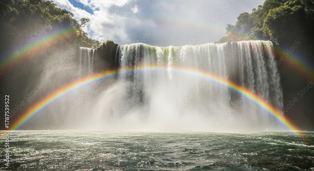 Fototapeta premium Majestic waterfall cascades down a rock face, enveloped in a double rainbow. Lush greenery frames the scene under a cloudy sky. The water crashes with power into a calm pool