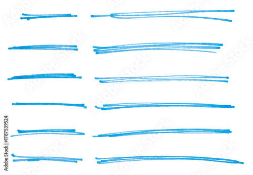 Set of blue hand drawn marker pen stroke line transparent background design element doodle scribble underline