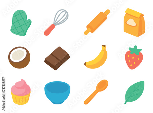 Colorful kitchen icon set featuring baking and cooking essentials on wooden background