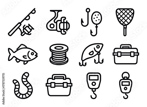 Fishing equipment icons set: rod, reel, hooks, net, tackle box, worm, fish, scale