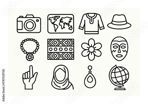 Travel and culture symbols: camera, map, apparel, accessories, globe, patterns