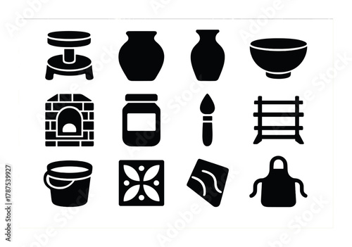 Black silhouette icons of pottery tools and equipment on beige background