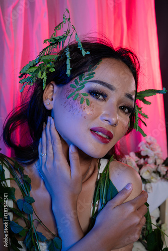 Asian beauty woman in flower makeup, art beauty makeup concept, beauty painting concept. 