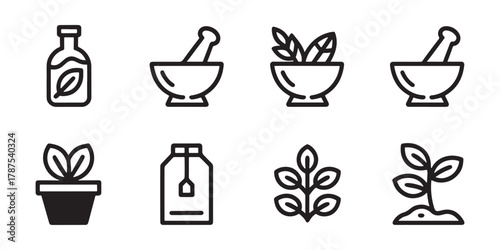 Herbal Remedies and Plant Icons on White Background minimalist line