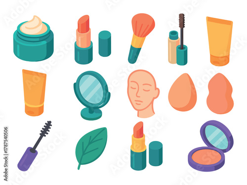 Colorful cosmetic elements: lipstick, cream, brush, mascara, compact mirror, makeup sponge