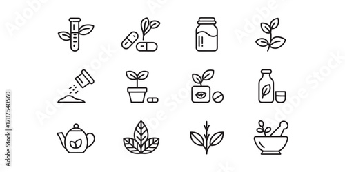 Natural Medicine And Health Icons With Plants Pills And Bottles collection