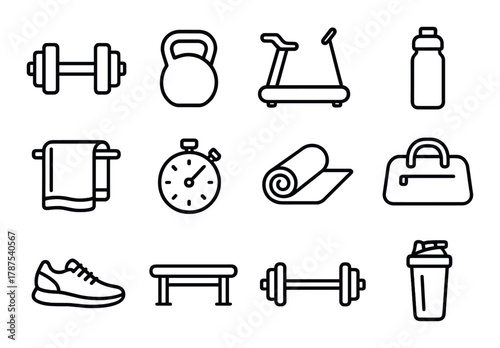 Set of fitness icons: dumbbell, kettlebell, treadmill, stopwatch, yoga mat, water bottle, gym bag, shaker