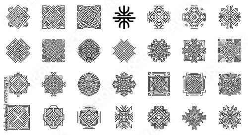 Intricate geometric patterns and abstract knot designs for modern branding and decorative elements, offering a sophisticated visual flair.