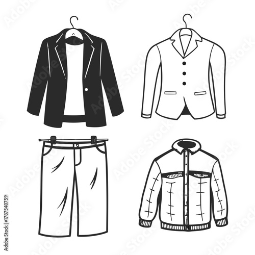 Curated collection of essential men's apparel including a blazer, casual jacket, and trousers, perfect for modern wardrobe planning and design projects