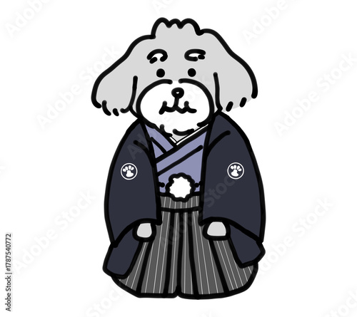 紋付袴を着た手描きの犬