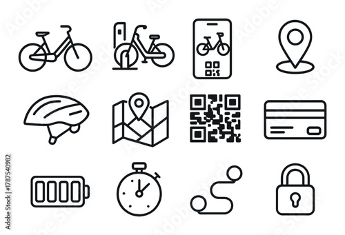Bicycle sharing icons set: bike, helmet, map, qr code, location, lock