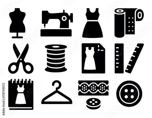 Sewing tools and dressmaking icons including sewing machine, scissors, dress form, and patterns