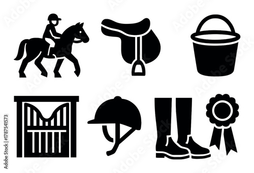 Equestrian equipment icons: rider, saddle, helmet, boots, stables