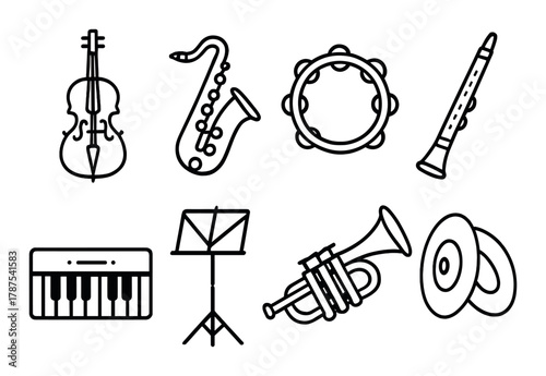 Silhouette icons of musical instruments with dark background