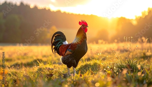 Rooster stands in sunlit field, feathers gleam, dawn setting the background trees aglow with a warm hazy light