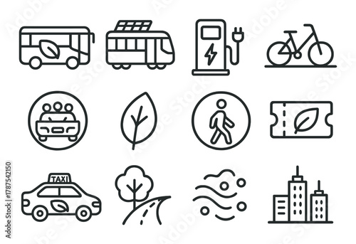Eco-friendly transportation icons featuring electric vehicles and green commuting symbols