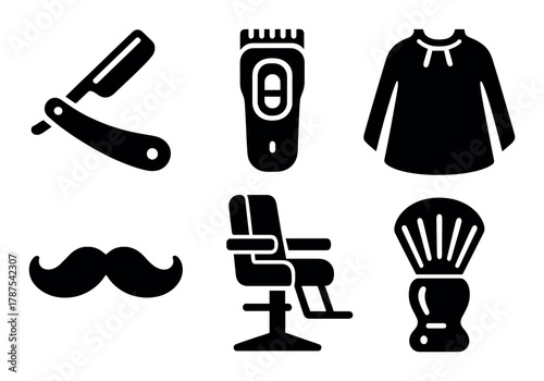 Barber tools: razor, trimmer, smock, mustache, chair, brush silhouettes