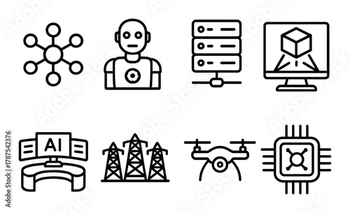 Black and white icons of technology: ai, robotics, server, computer, drone, chip