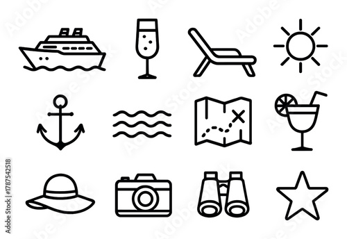 Cruise-themed icons: ship, sun, drink, anchor, map, lounge, camera, star