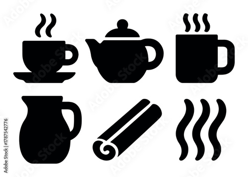 Silhouette icons of teapots, teacups, mug, pitcher, and cinnamon stick