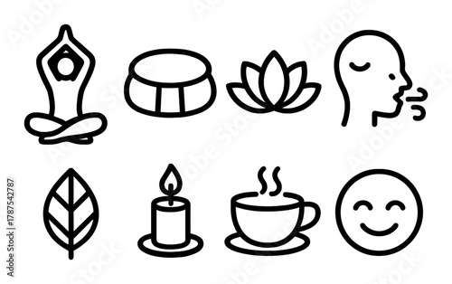 Icons depicting yoga, meditation, and relaxation elements