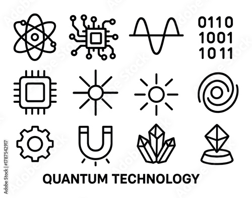 Quantum technology icons: atom, circuit, wave, binary code, magnet, crystal