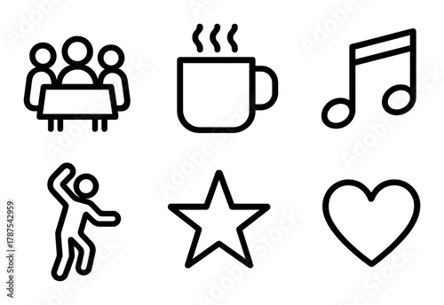 Set of black icon symbols: group, coffee, music, dance, star, heart